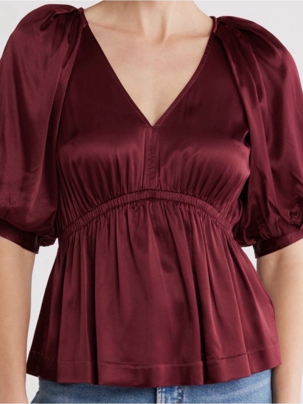 Madewell V-Neck Satin Peplum Blouse in Cabernet